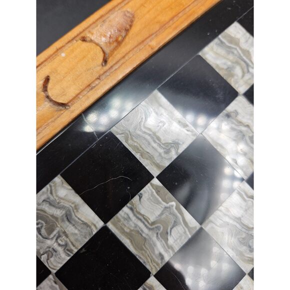 Hand Carved Wooden Marble Chess Board Set w/2 Drawers White Black Onyx Pieces - Picture 5 of 11